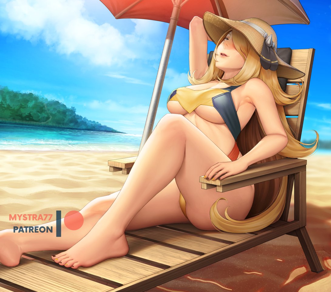 1girl, armpits, ass, beach, blonde_hair, breasts, chair, cosplay