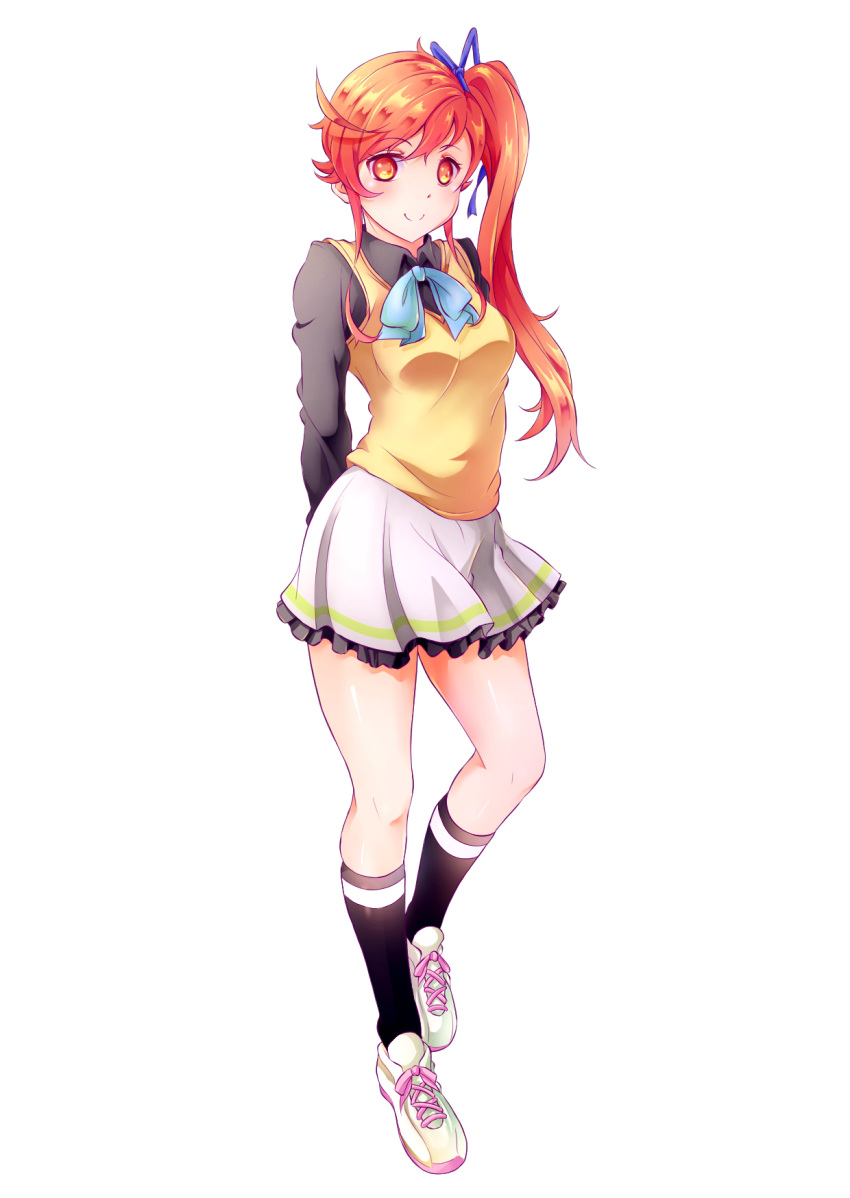 1girl, arms_behind_back, bangs, black_shirt, black_socks, blue_bow, blue_bowtie, blue_ribbon