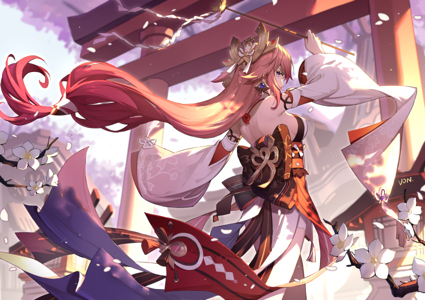 1girl, animal_ears, architecture, bare_back, bare_shoulders, blurry, branch, breasts, commentary_request, covered_mouth, cowboy_shot, depth_of_field, detached_sleeves, earrings, east_asian_architecture, falling_petals, floating_hair, floppy_ears, flower, fox_ears, from_side, genshin_impact, gohei, hair_ornament, highres, holding_gohei, japanese_clothes, jewelry, large_breasts, long_hair, long_sleeves, looking_at_viewer, low-tied_long_hair, nontraditional_miko, petals, pink_hair, profile, red_skirt, sash, shirt, sideboob, sideways_glance, skirt, sleeveless, sleeveless_shirt, solo, tassel, torii, violet_eyes, von_(657932285), white_flower, white_shirt, white_sleeves, wide_sleeves, wind, yae_miko