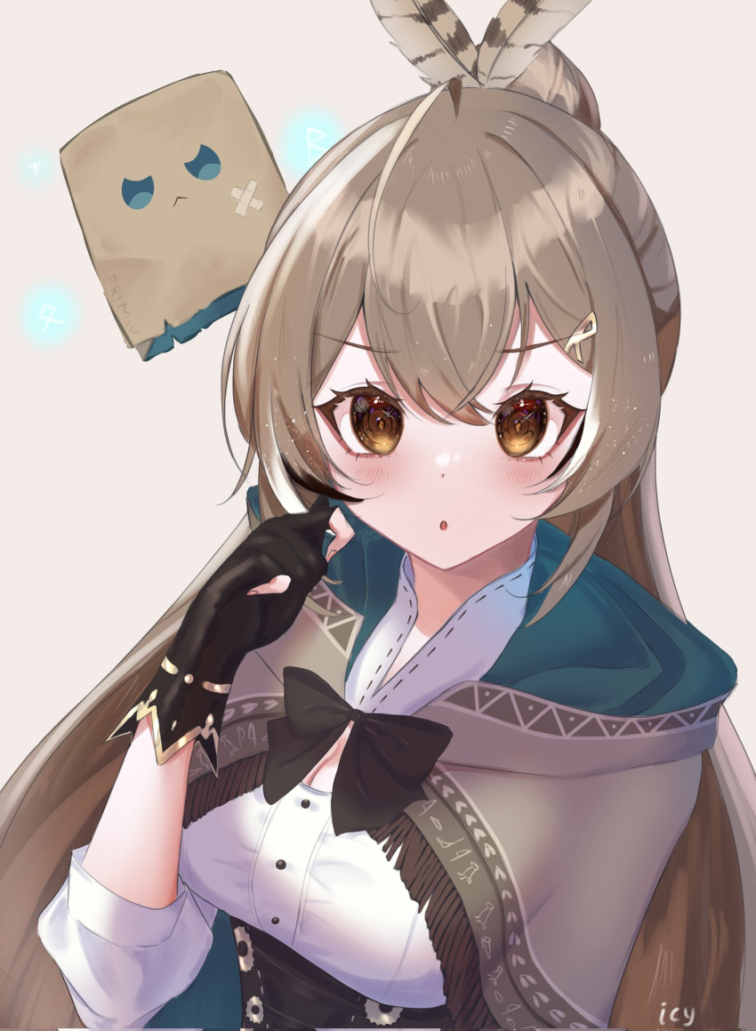 :o, ahoge, bangs, brown_capelet, brown_cloak, brown_corset, brown_eyes, brown_hair, cape, capelet, cloak, corset, feather_hair_ornament, feathers, friend_(nanashi_mumei), gloves, hair_ornament, hairclip, hieroglyphics, highres, hololive, hololive_english, icy_artzy, long_hair, looking_at_viewer, multicolored_hair, nanashi_mumei, open_mouth, partially_fingerless_gloves, ponytail, ribbon, runes, shirt, streaked_hair, very_long_hair, virtual_youtuber, white_shirt