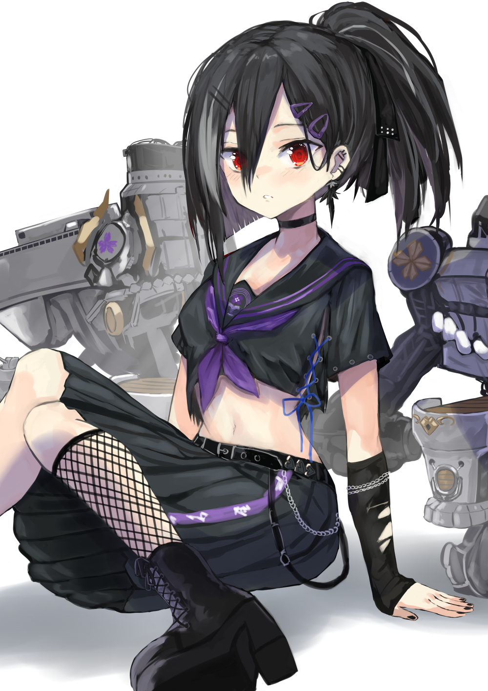 1girl, arm_support, arm_wrap, azur_lane, bangs, black_choker, black_hair, black_nails