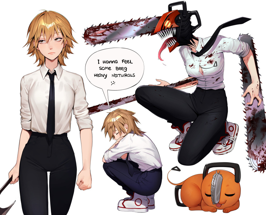 1girl, absurdres, bangs, black_necktie, black_pants, blonde_hair, blood, blood_on_clothes, breasts, chainsaw, chainsaw_devil, chainsaw_man, denji_(chainsaw_man), english_text, from_side, genderswap, genderswap_(mtf), highres, lavelis, long_sleeves, long_tongue, medium_breasts, medium_hair, necktie, pants, pochita_(chainsaw_man), sharp_teeth, shiny, shiny_hair, shirt, shirt_tucked_in, shoes, simple_background, sneakers, speech_bubble, squatting, teeth, tongue, tongue_out, weapon, white_background, white_shirt