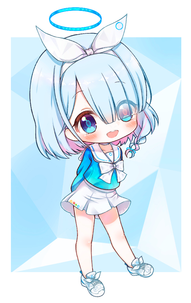 1girl, :d, aqua_hair, arms_behind_back, arona_(blue_archive), bangs, blue_archive, blue_eyes