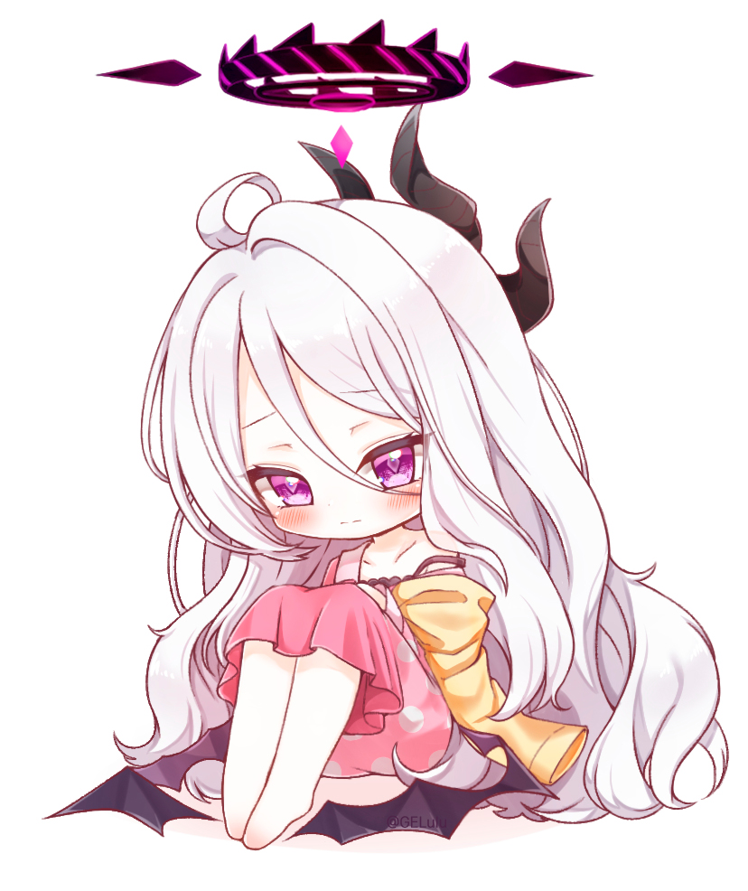1girl, ass, bangs, blue_archive, chibi, commentary, demon_girl, demon_horns