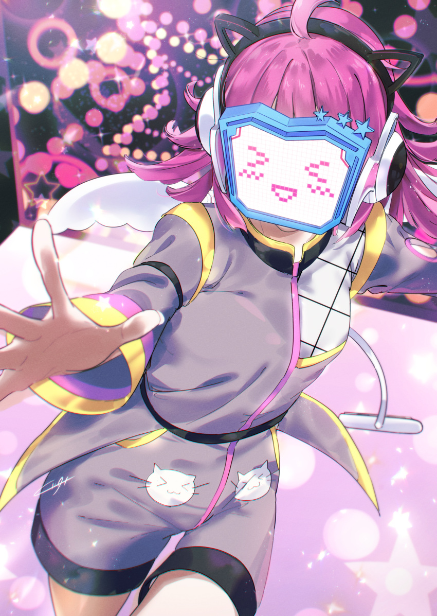 1girl, ahoge, animal_print, cat_ear_headphones, cat_print, commentary, covered_face, cowboy_shot
