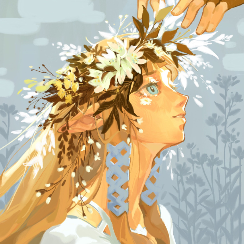 1boy, 1girl, bangs, blonde_hair, blue_eyes, blue_ribbon, blunt_bangs, dress, feet_out_of_frame, fingerless_gloves, flower, gloves, hair_ribbon, head_wreath, highres, link, long_hair, looking_at_another, looking_up, octahooves, outstretched_hand, parted_lips, pointy_ears, princess_zelda, ribbon, sidelocks, smile, solo_focus, the_legend_of_zelda, the_legend_of_zelda:_skyward_sword, upper_body, white_dress, white_flower, yellow_flower
