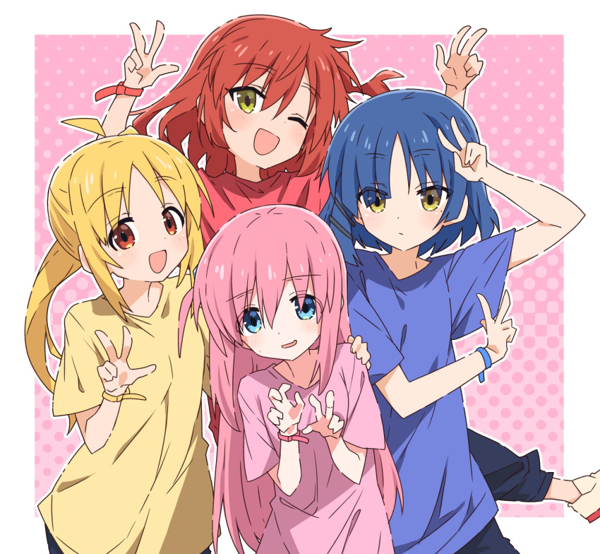 4girls, ahoge, band, blonde_hair, blue_eyes, blue_hair, bocchi_the_rock!, casual