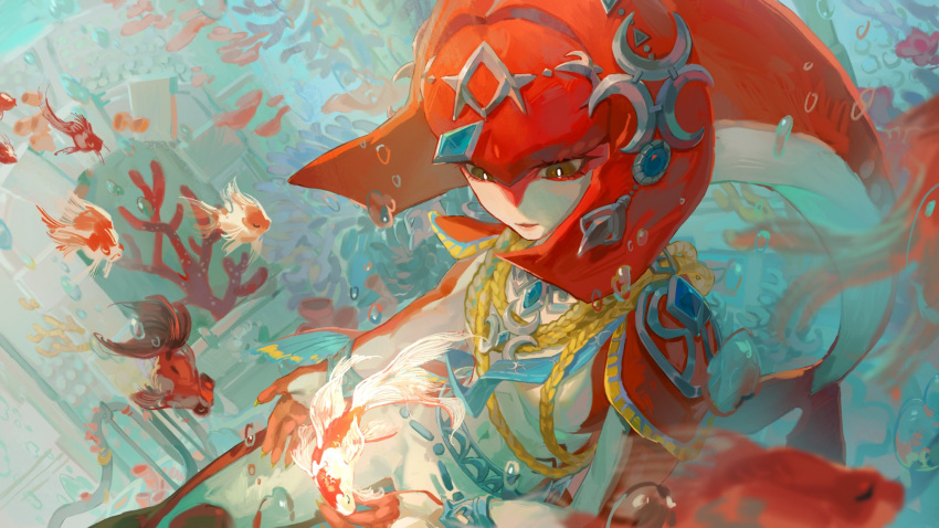 1girl, air_bubble, armor, brown_eyes, bubble, claws, colored_skin, coral