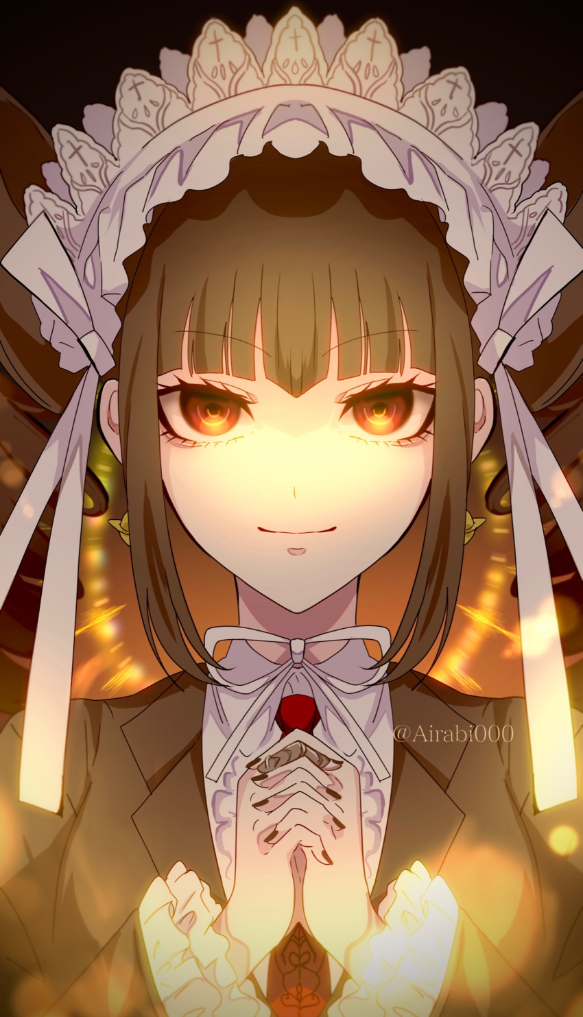 1girl, airabi, artist_name, bangs, bonnet, brown_background, brown_hair, celestia_ludenberg