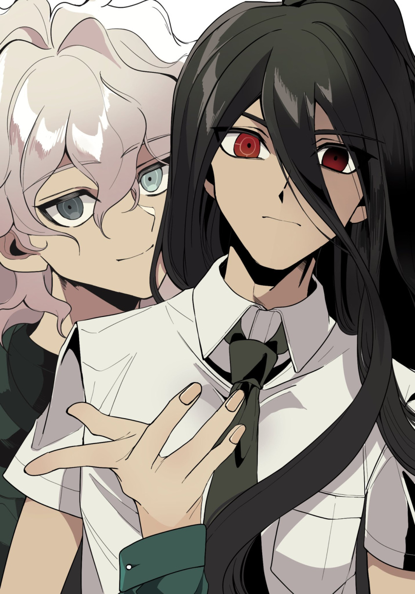 2boys, bangs, breast_pocket, brown_hair, collared_shirt, cosplay, danganronpa_(series), danganronpa_2:_goodbye_despair