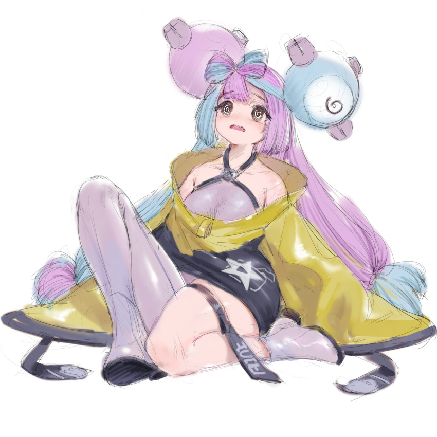 132_(353488448), 1girl, @_@, bow-shaped_hair, character_hair_ornament, grey_pantyhose, hair_ornament, hexagon_print, highres, iono_(pokemon), jacket, long_hair, low-tied_long_hair, multicolored_hair, oversized_clothes, pantyhose, pokemon, pokemon_(game), pokemon_sv, sharp_teeth, single_leg_pantyhose, sleeves_past_fingers, sleeves_past_wrists, split-color_hair, teeth, twintails, very_long_sleeves, x, yellow_jacket