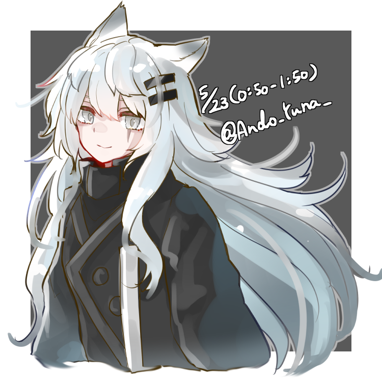 1girl, andou_yuna, animal_ears, arknights, artist_name, black_jacket, grey_eyes, hair_ornament, jacket, lappland_(arknights), long_hair, scar, scar_across_eye, scar_on_face, smile, twitter_username, very_long_hair, white_fur, white_hair, wolf_ears, wolf_girl