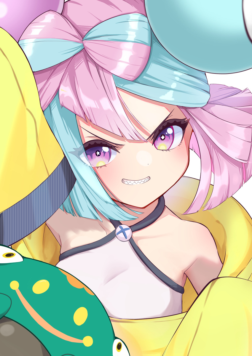 1girl, absurdres, armpits, bellibolt, bow-shaped_hair, character_hair_ornament, hair_ornament, hexagon_print, highres, iono_(pokemon), jacket, long_hair, low-tied_long_hair, multicolored_hair, oversized_clothes, pokemon, sharp_teeth, sleeves_past_fingers, sleeves_past_wrists, split-color_hair, ta1sh1, teeth, very_long_sleeves, x, yellow_jacket