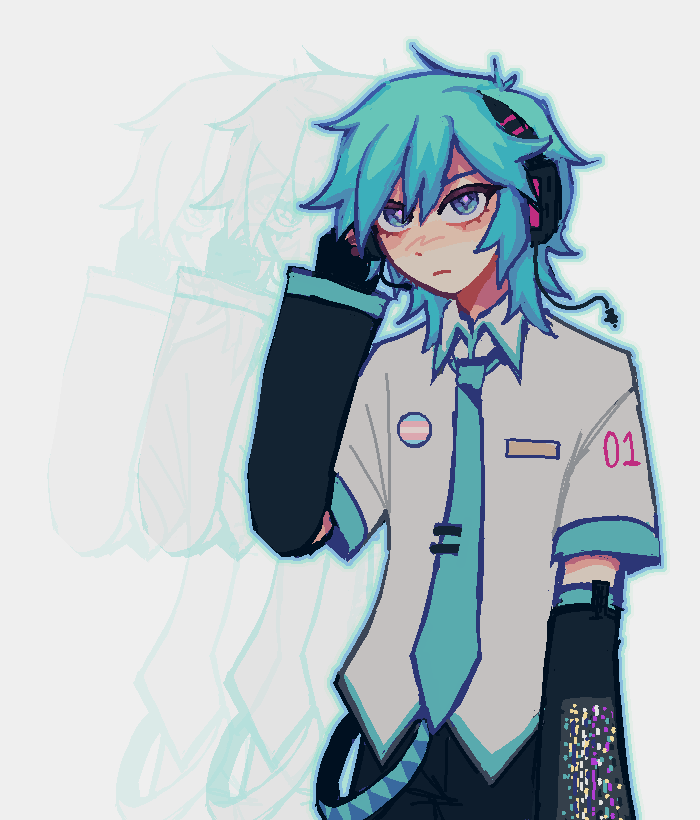 1boy, alternate_hair_length, alternate_hairstyle, aqua_eyes, aqua_hair, bangs, cowboy_shot, detached_sleeves, genderswap, genderswap_(ftm), grey_background, hatsune_mikuo, headphones, headset, keropluvia, male_focus, necktie, short_hair, simple_background, solo, standing, transgender_flag, vocaloid