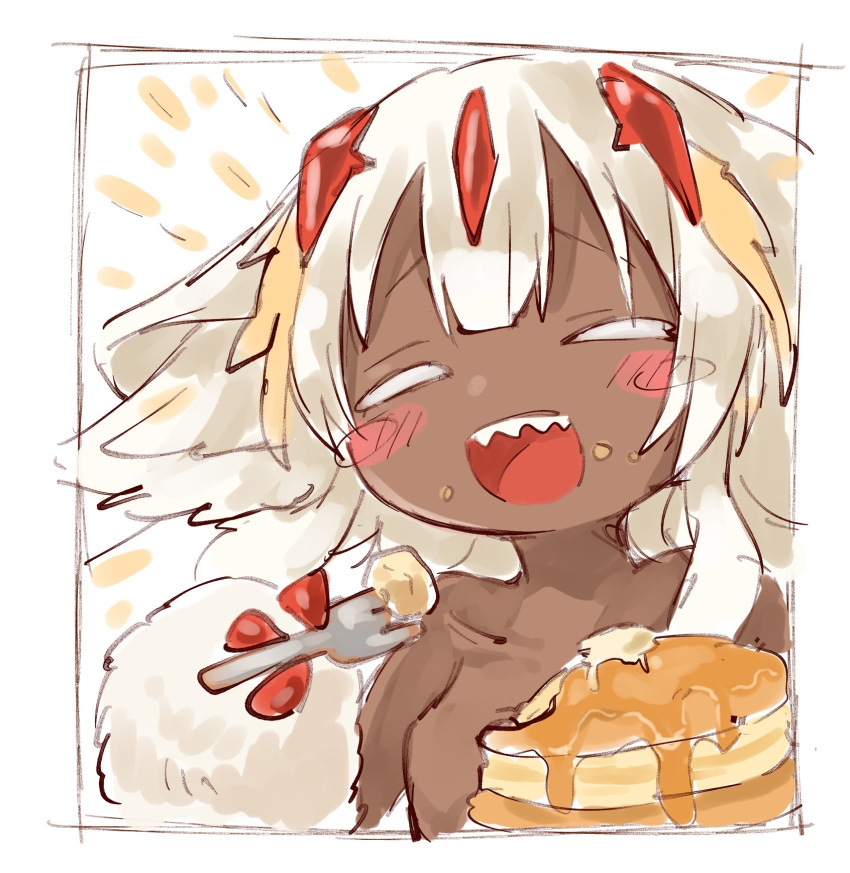 1girl, blush, closed_eyes, commentary, commentary_request, dark-skinned_female, dark_skin, fangs