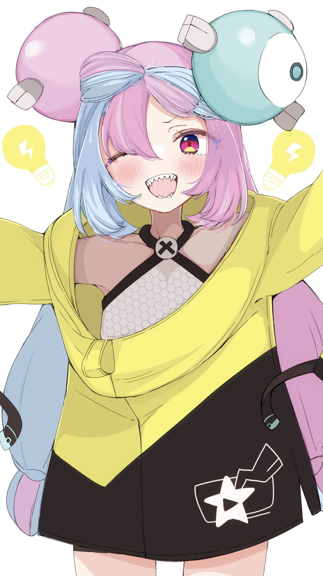 1girl, ;d, bare_shoulders, black_coat, blue_eyes, blue_hair, blush, bow-shaped_hair