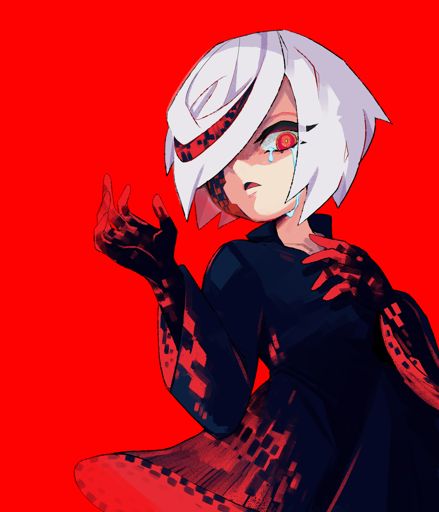1girl, aimf, black_dress, crying, crying_with_eyes_open, dress, hair_over_one_eye, looking_at_viewer