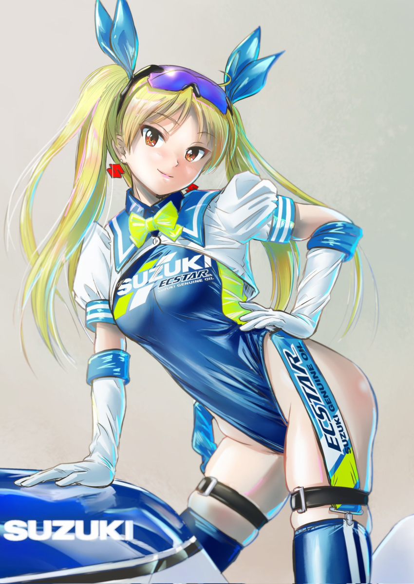 1girl, belt, blonde_hair, blue_collar, blue_leotard, bow, bowtie, brown_eyes
