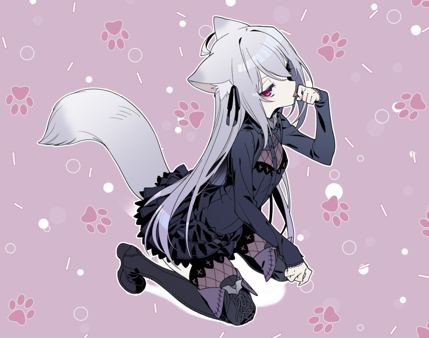 1girl, ahoge, animal_ear_fluff, animal_ears, bat_ornament, black_dress, black_ribbon, boots