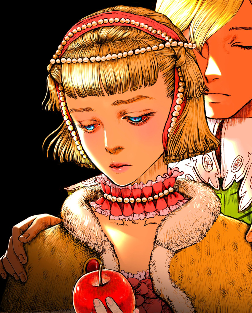 1boy, 1girl, apple, berserk, black_background, blonde_hair, blue_eyes, bob_cut