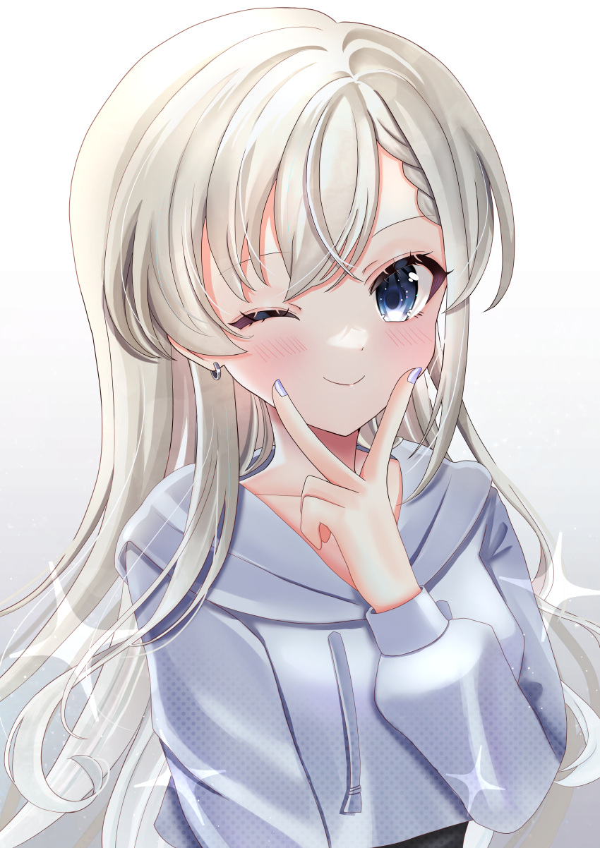 1girl, ;), absurdres, animal_ears, asymmetrical_bangs, bangs, blush, braid, braided_bangs, fingernails, grey_hair, grey_hoodie, halftone_texture, highres, hisakawa_hayate, hood, hoodie, idolmaster, idolmaster_cinderella_girls, long_hair, looking_at_viewer, mirai_(mirai2498), nail_polish, one_eye_closed, simple_background, smile, solo, sparkle, straight_hair, upper_body, v_over_mouth, very_long_hair, white_background