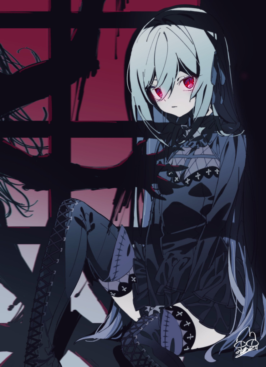 1girl, bat_ornament, between_legs, black_dress, black_ribbon, boots, cross-laced_footwear, dress