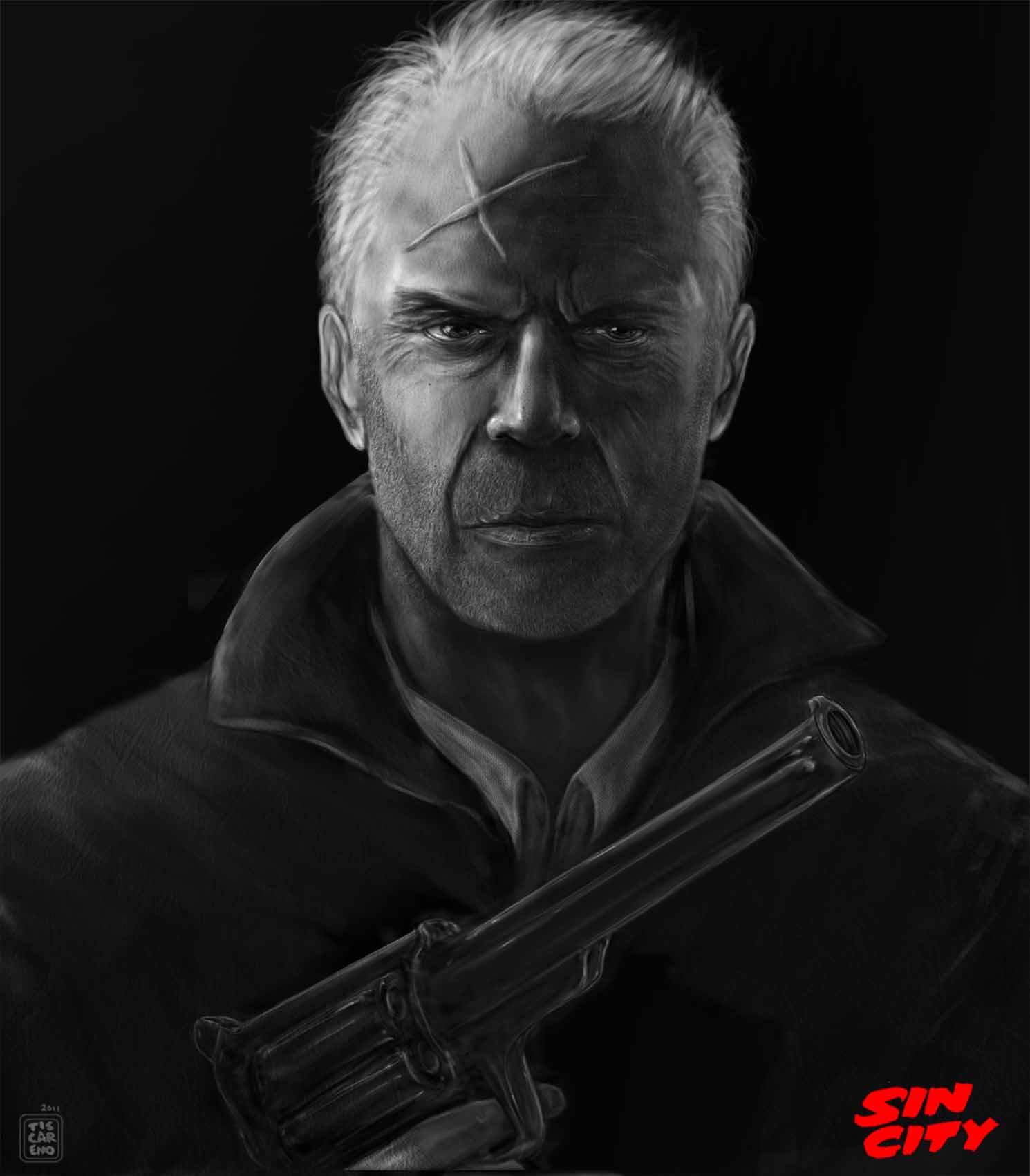 1boy, black_background, black_coat, bruce_willis, coat, collared_shirt, copyright_name, cross_scar