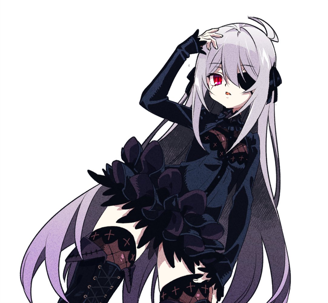 1girl, ahoge, black_dress, black_ribbon, boots, cowboy_shot, cross-laced_footwear, dress