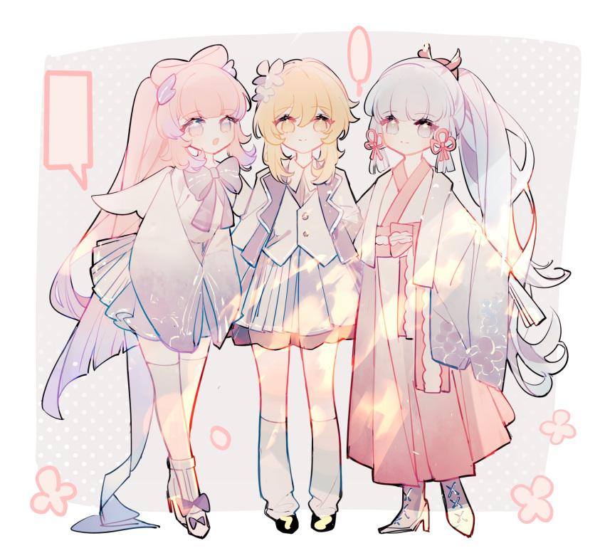 3girls, alternate_costume, bangs, black_footwear, blazer, blonde_hair, blue_eyes, blunt_tresses