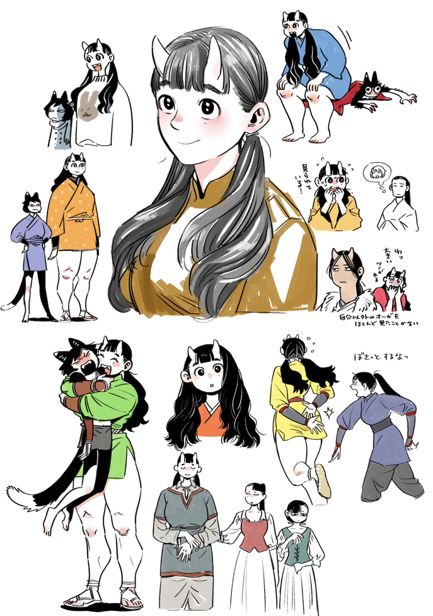 2boys, 4girls, :3, :d, :o, animal_ears, arm_guards, arms_at_sides