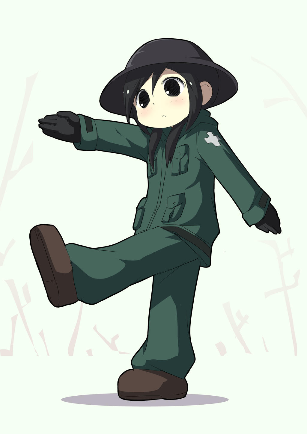 1girl, black_eyes, black_hair, boots, chito_(shoujo_shuumatsu_ryokou), closed_mouth, coat, gloves, helmet, highres, long_hair, non-web_source, one_arm_raised, pants, shoujo_shuumatsu_ryokou, solo, thesdros