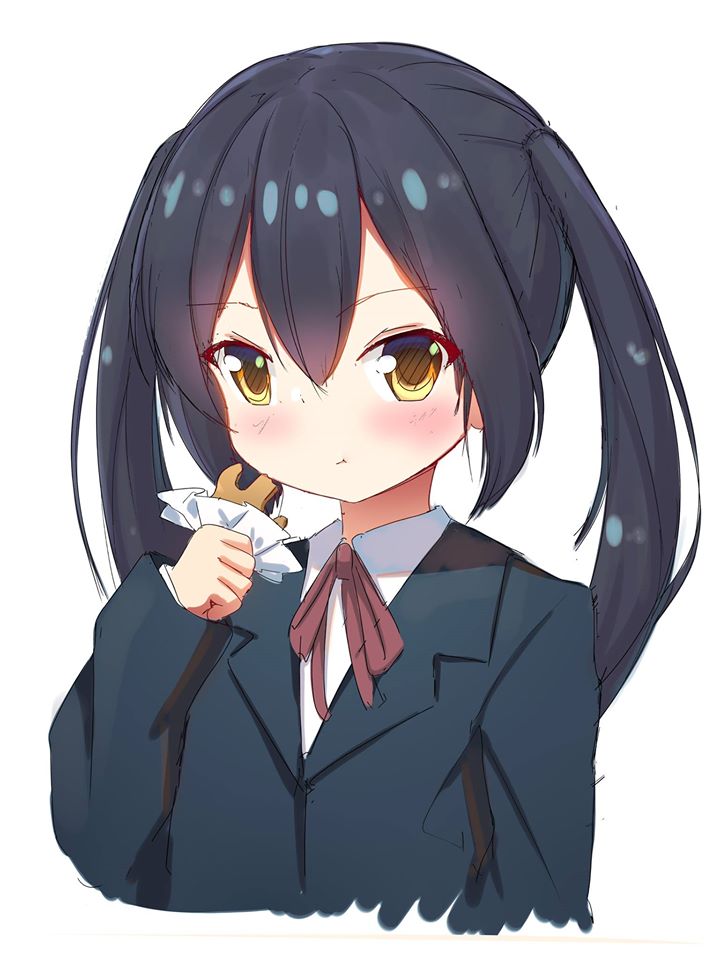 1girl, black_hair, closed_mouth, food, k-on!, looking_at_viewer, nakano_azusa, non-web_source, school_uniform, solo, thesdros, yellow_eyes