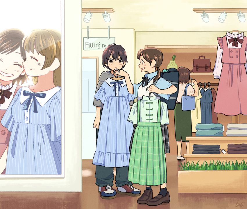 1boy, 2girls, absurdres, bag, bangs, belt, black_belt, black_bow
