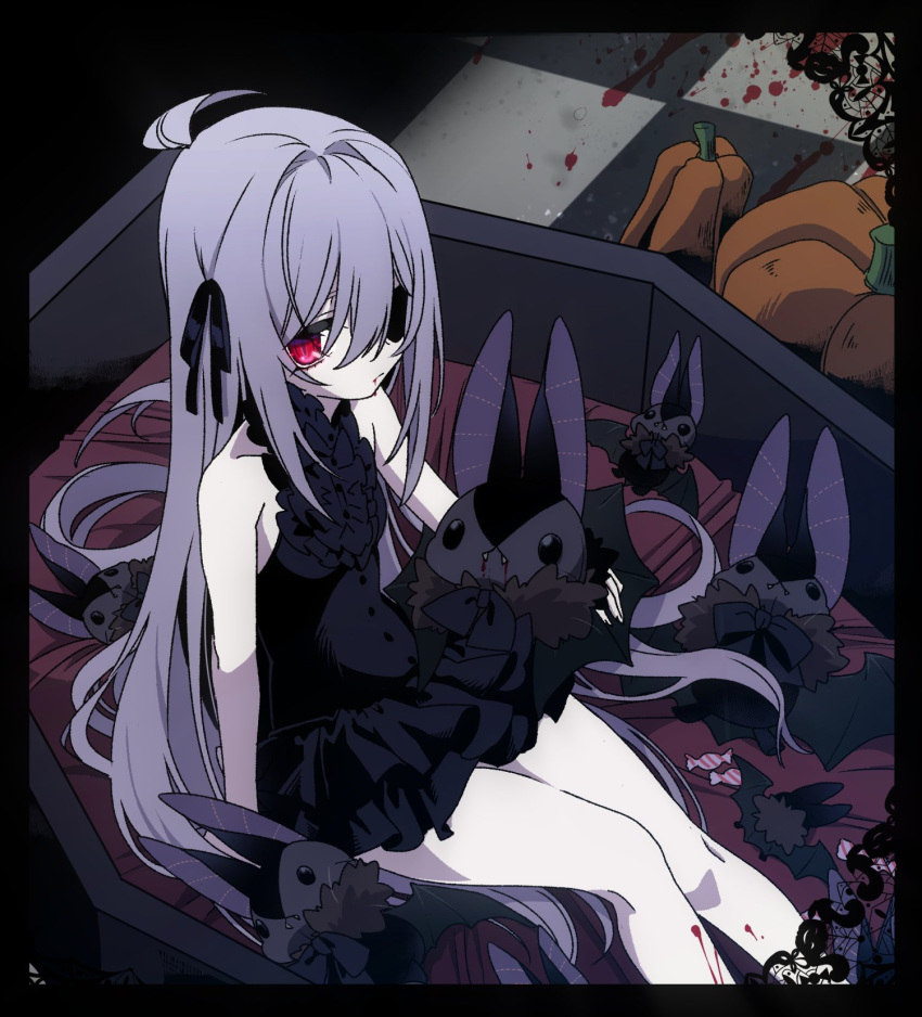 1girl, ahoge, bare_shoulders, black_dress, black_ribbon, blood, blood_splatter, coffin, dress, eyepatch, feet_out_of_frame, gothic, grey_hair, hair_between_eyes, hair_ribbon, highres, long_hair, mearylis_(yamanasi_mikage), original, pale_skin, pumpkin, red_eyes, ribbon, sitting, sleeveless, sleeveless_dress, solo, stuffed_bat, stuffed_toy, tiles, very_long_hair, yamanasi_mikage
