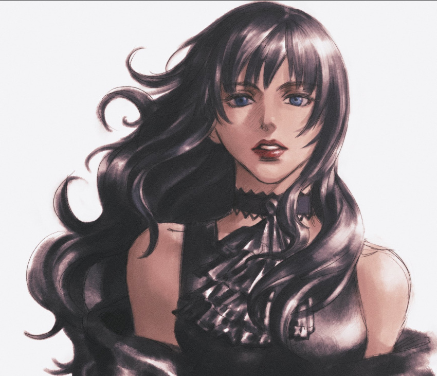 1girl, ascot, bangs, bare_shoulders, black_ascot, black_choker, black_hair, blue_eyes, caloserrr, choker, detached_sleeves, final_fantasy, final_fantasy_xiv, gaia_(ff14), highres, hyur, lace-trimmed_choker, lace_trim, long_hair, looking_at_viewer, parted_lips, portrait, red_lips, simple_background, solo, straight-on, wavy_hair, white_background, wind
