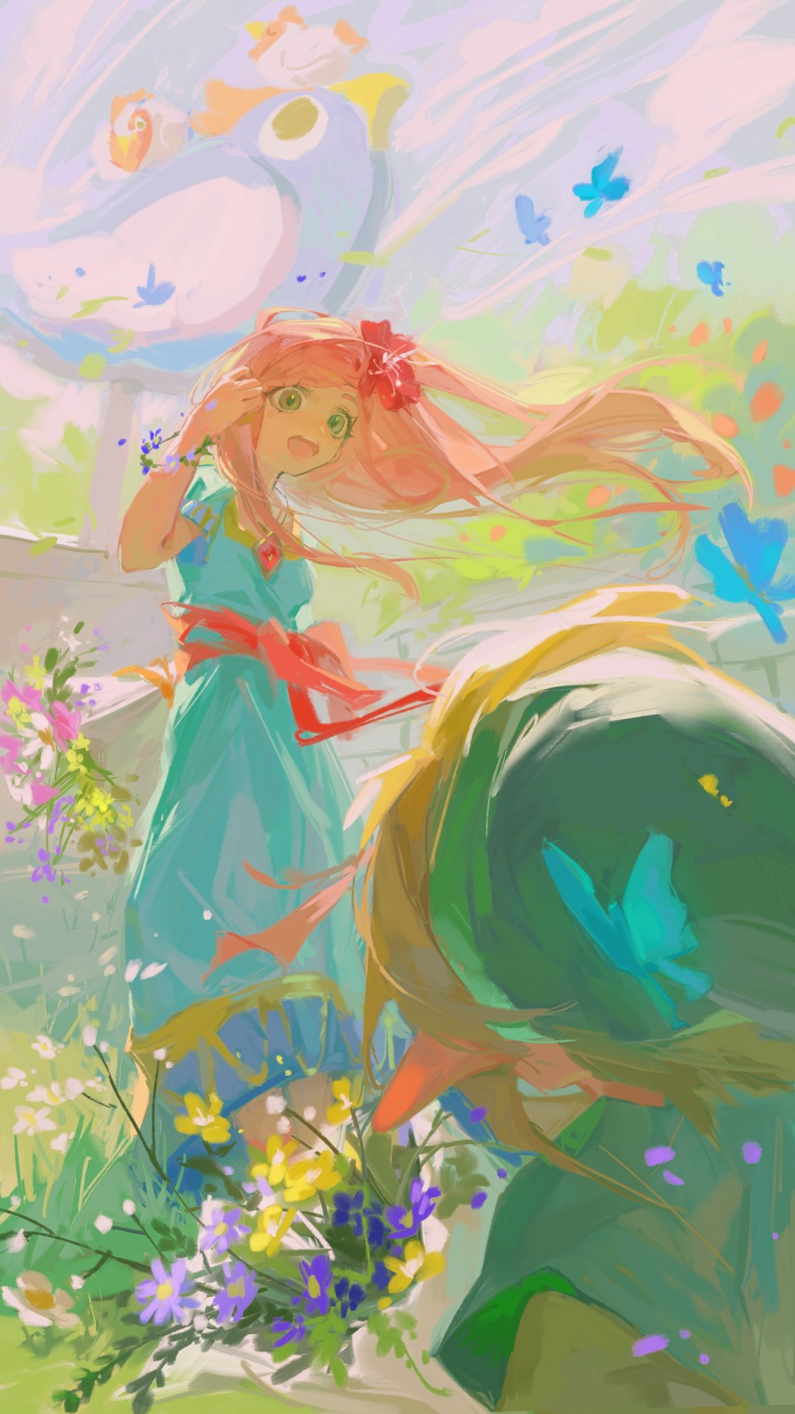 1boy, 1girl, blonde_hair, breasts, brown_hair, bug, butterfly, dress