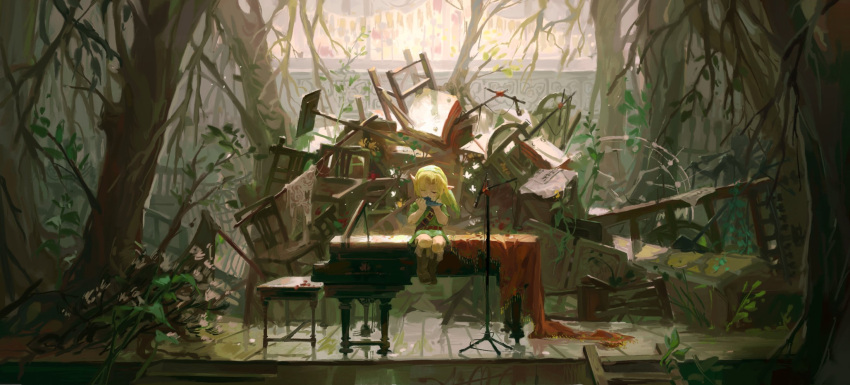 1boy, bangs, bench, blonde_hair, boots, brown_footwear, chair, closed_eyes, debris, forest, full_body, green_headwear, green_tunic, highres, holding, holding_instrument, instrument, link, male_focus, microphone_stand, music, nature, ocarina, octahooves, parted_bangs, piano, playing_instrument, pointy_ears, pointy_hat, short_hair, sitting, sitting_on_piano, solo, stage, the_legend_of_zelda, the_legend_of_zelda:_ocarina_of_time