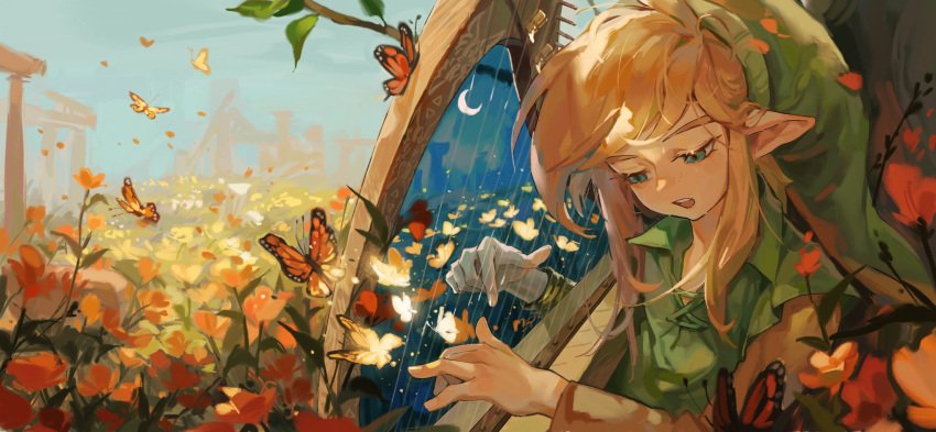 1boy, bangs, bug, butterfly, crescent_moon, field, flower, flower_field