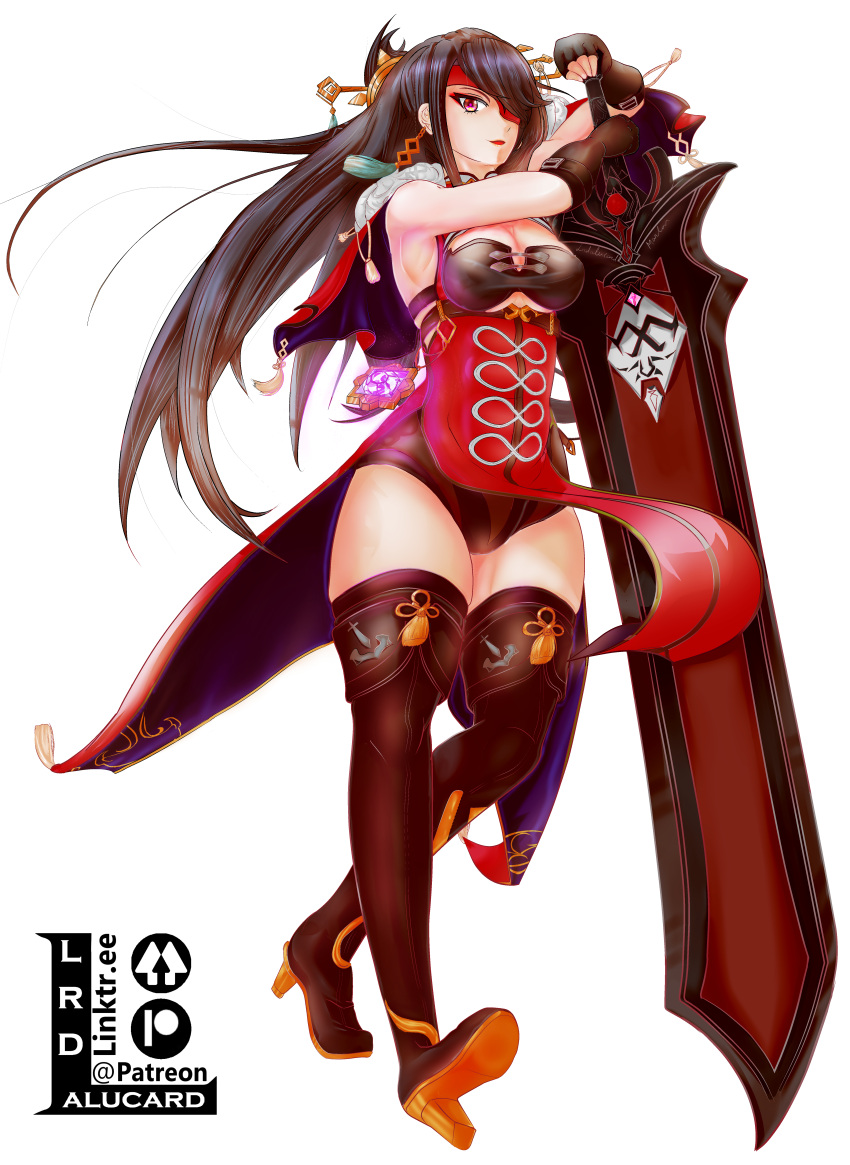 absurdres, beidou_(genshin_impact), chinese_clothes, genshin_impact, highres, lrdalucard, mihoyo, mimo_(mihoyo), pirate, sword, weapon