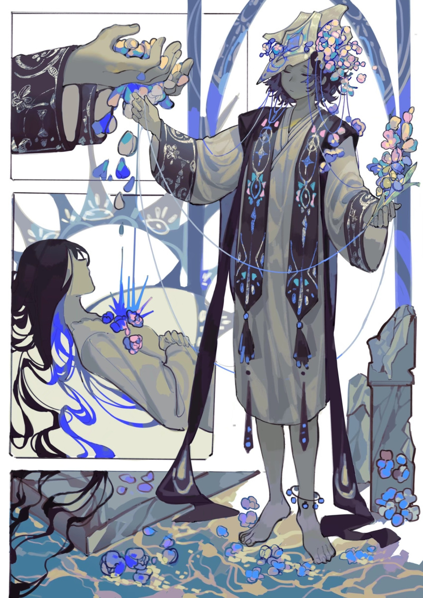 1boy, 1girl, androgynous, anklet, arch, barefoot, black_hair, blue_hair