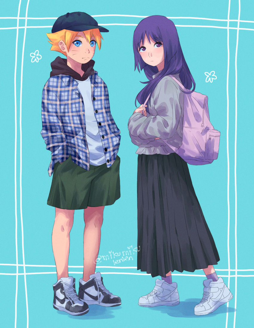 1boy, 1girl, ariamikukanzaki, backpack, bag, blonde_hair, blue_background, boruto:_naruto_next_generations