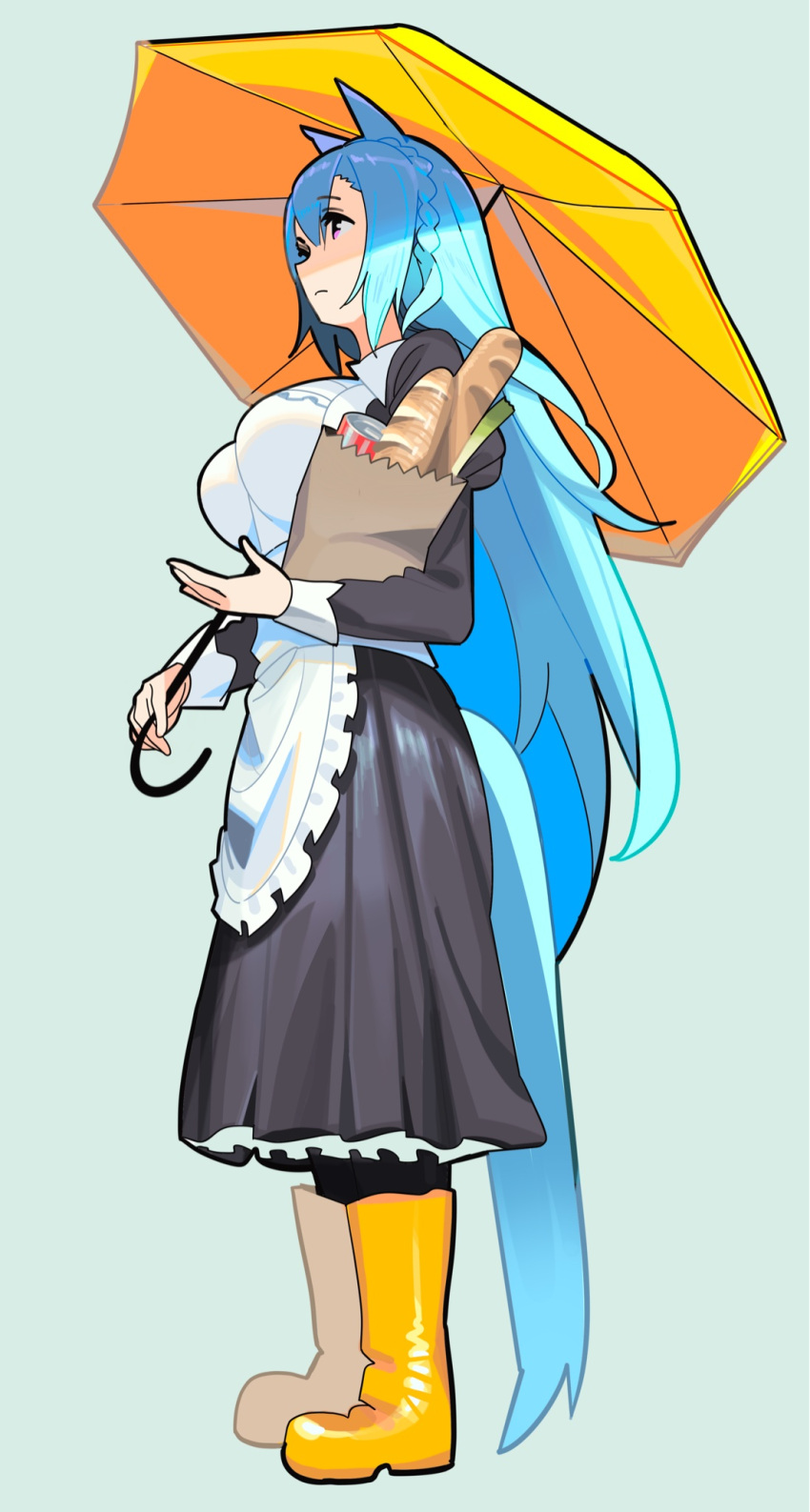 1girl, alternate_costume, animal_ears, apron, ashinowoto, bag, baguette, bangs