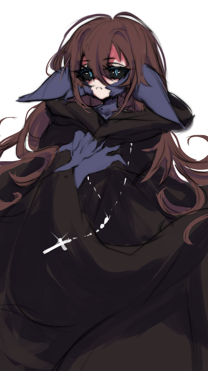 1girl, animal_ear_fluff, animal_ears, animal_hands, bangs, black_sclera, blue_eyes, brown_hair