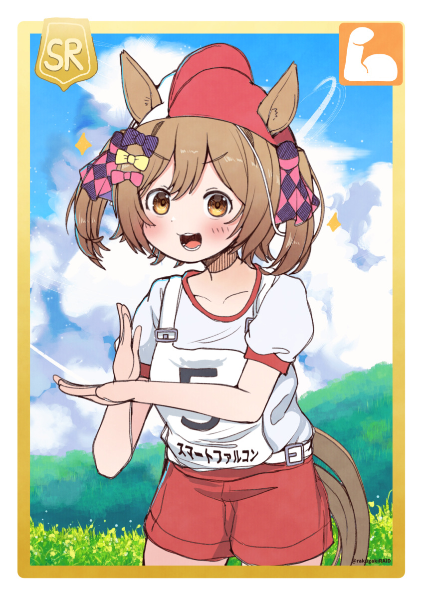 1girl, alternate_costume, animal_ears, blush, brown_eyes, clouds, gym_uniform, hair_ornament