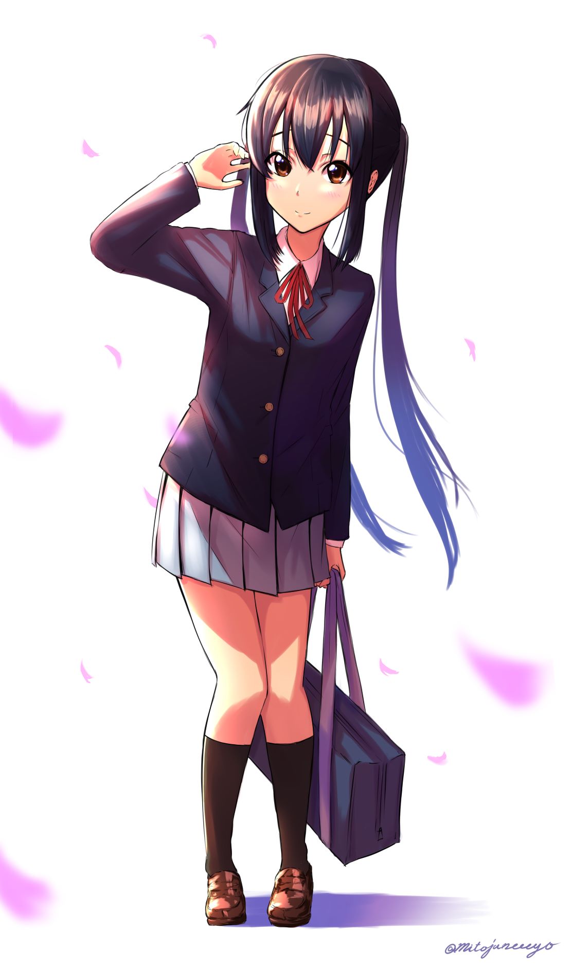 1girl, artist_name, bag, bangs, black_hair, black_socks, blazer, blue_jacket