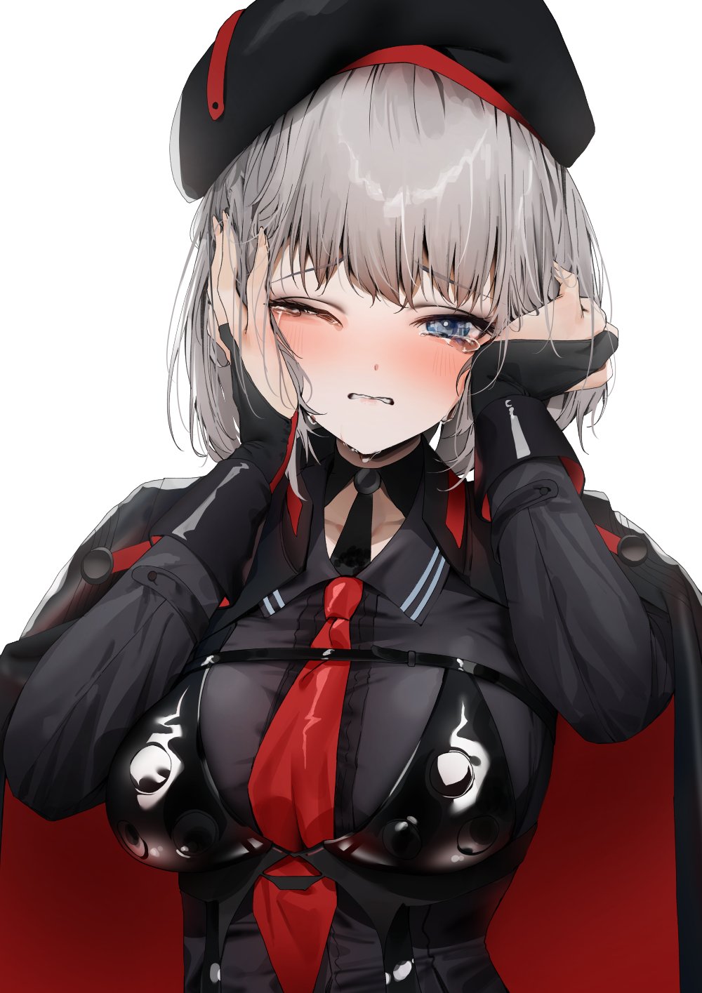 1girl, bangs, belt, beret, black_shirt, blue_eyes, breasts, cape