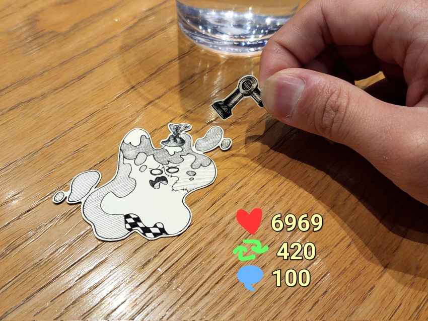 1girl, 1other, 69_(meme), bow, commentary, english_commentary, glass, hair_dryer, highres, hololive, hololive_indonesia, jqhnharqld, kureiji_ollie, like_and_retweet, meme, o_o, paper_child, papercraft_(medium), photo_(medium), puddle, stitches, unconventional_media, virtual_youtuber, water, wavy_mouth
