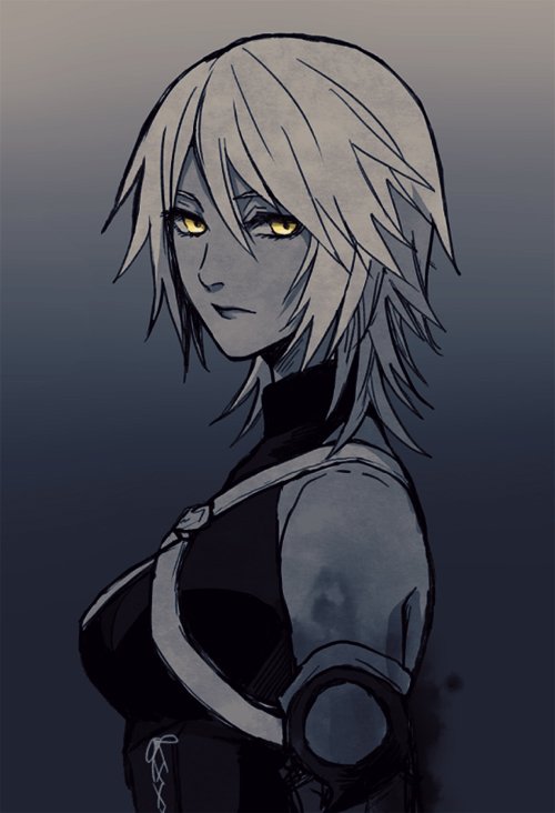 1girl, anti-aqua, aqua_(kingdom_hearts), bare_shoulders, breasts, chest_strap, closed_mouth, detached_sleeves, gradient, gradient_background, hair_between_eyes, halterneck, kingdom_hearts, kingdom_hearts_iii, looking_at_viewer, medium_breasts, medium_hair, owlforkh, solo, spot_color, turtleneck, upper_body, yellow_eyes