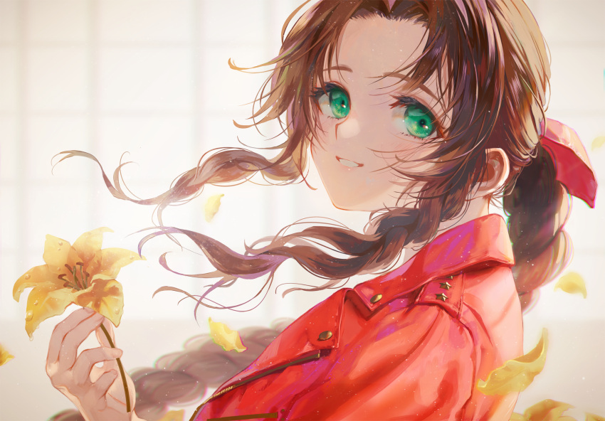1girl, a_la_votre, aerith_gainsborough, bangs, blurry, blurry_background, braid, braided_ponytail