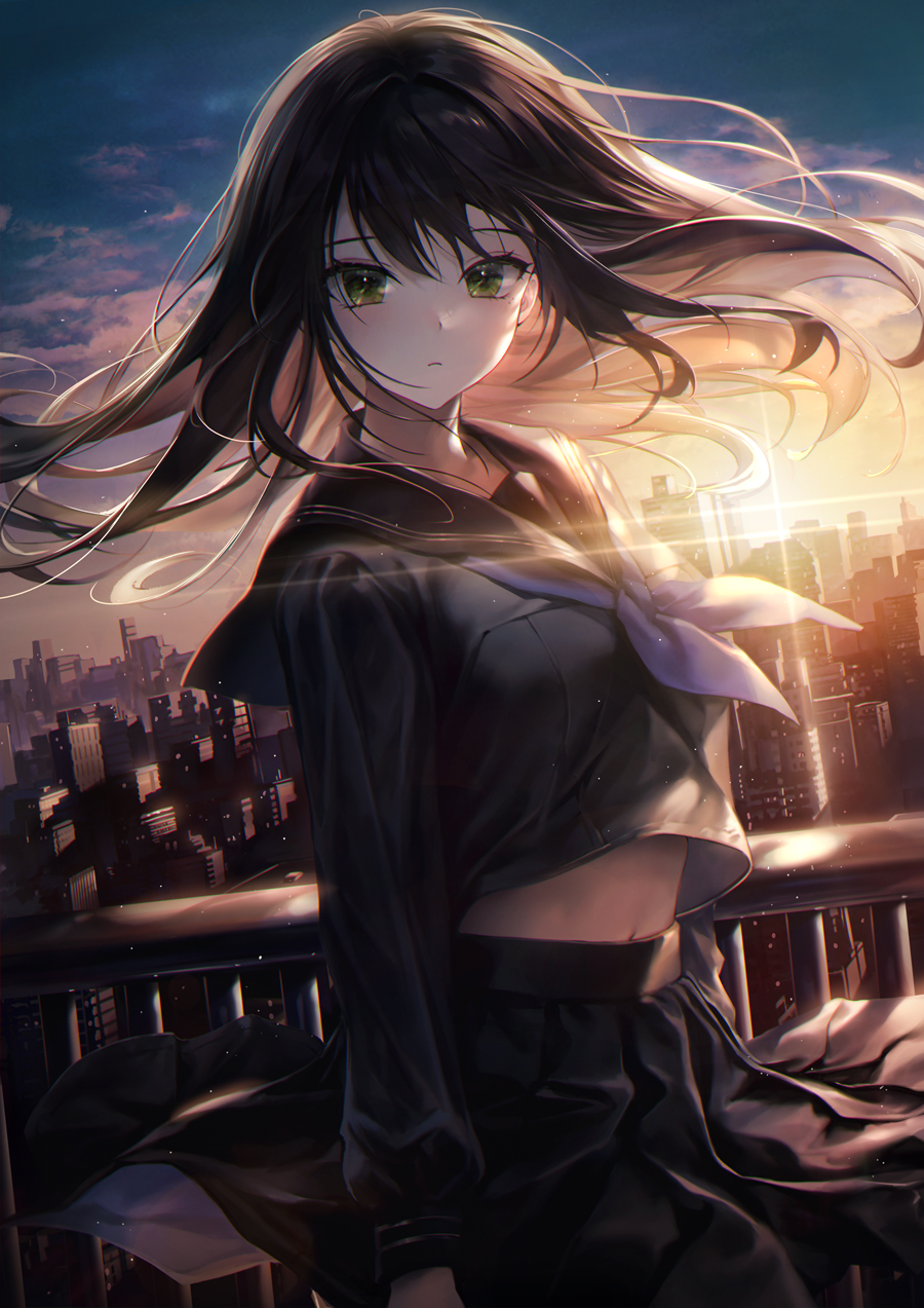 1girl, arms_at_sides, bangs, black_hair, black_sailor_collar, black_serafuku, black_shirt, black_skirt, blue_sky, breasts, building, cityscape, closed_mouth, clothes_lift, clouds, commentary, crop_top, dutch_angle, evening, floating_hair, frown, green_eyes, highres, light_particles, long_hair, long_sleeves, looking_at_viewer, medium_breasts, midriff, mole, mole_under_eye, myoushun, navel, neckerchief, orange_sky, original, pleated_skirt, purple_neckerchief, railing, sailor_collar, school_uniform, serafuku, shirt, shirt_lift, sidelocks, skirt, skirt_lift, sky, skyscraper, solo, stomach, sunset, symbol-only_commentary, wind, wind_lift